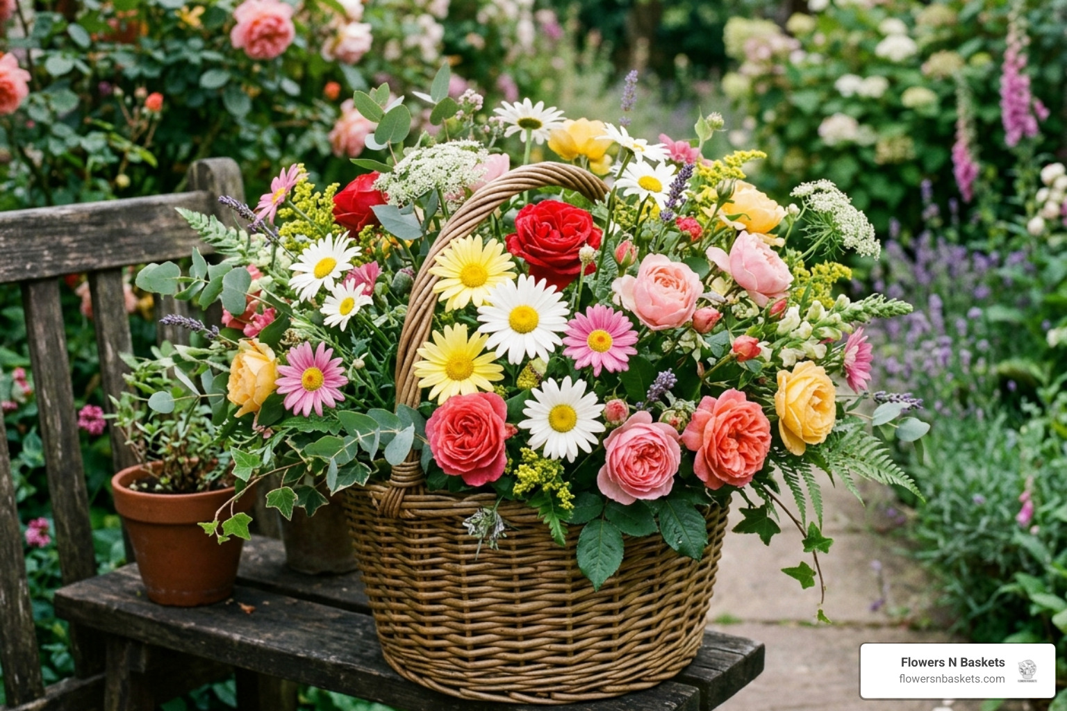 vibrant mixed daisy and rose basket in a garden style - fresh daisy arrangements tarpon springs