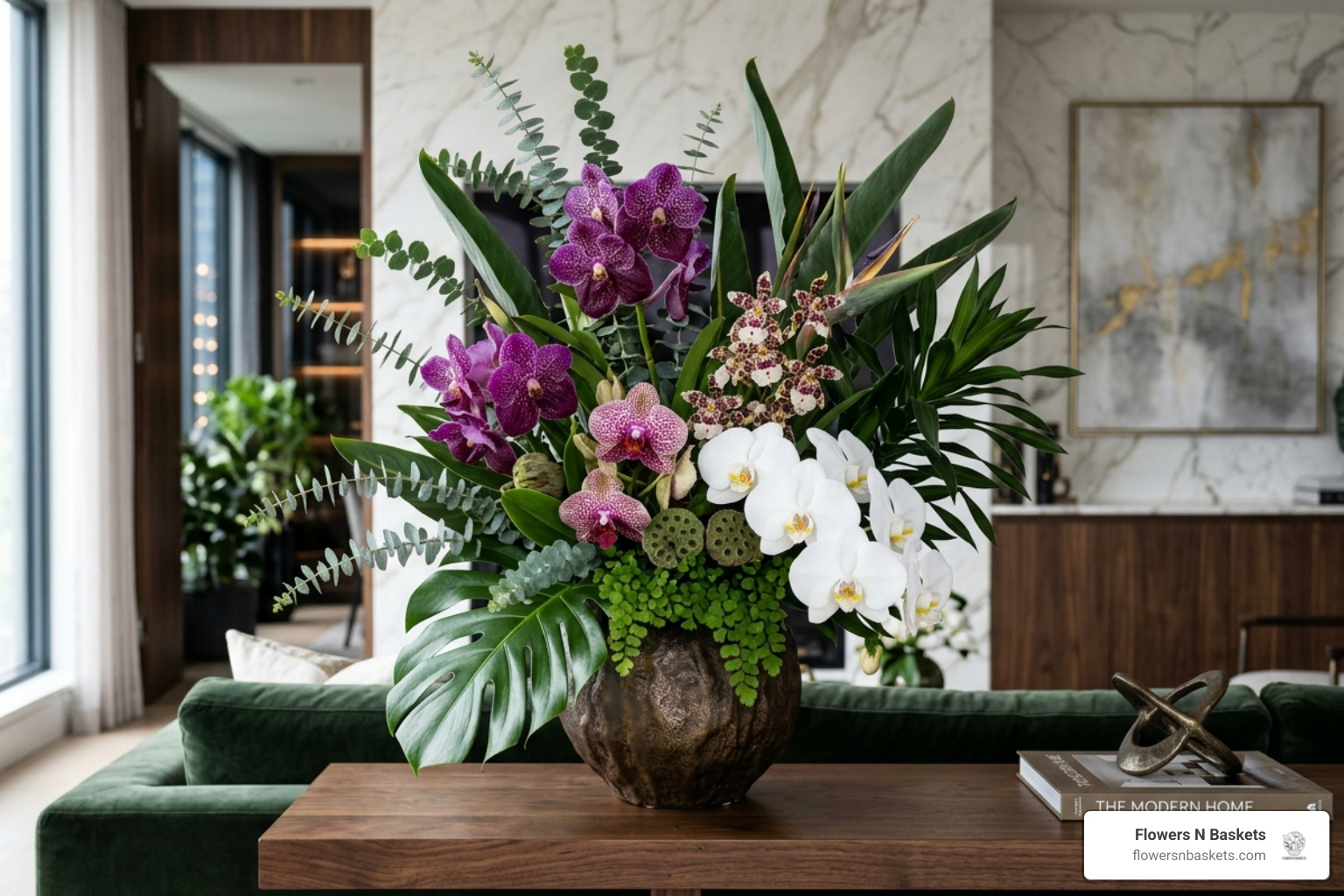 Exotic orchids and sculptural foliage in a modern luxury arrangement - upscale flower delivery