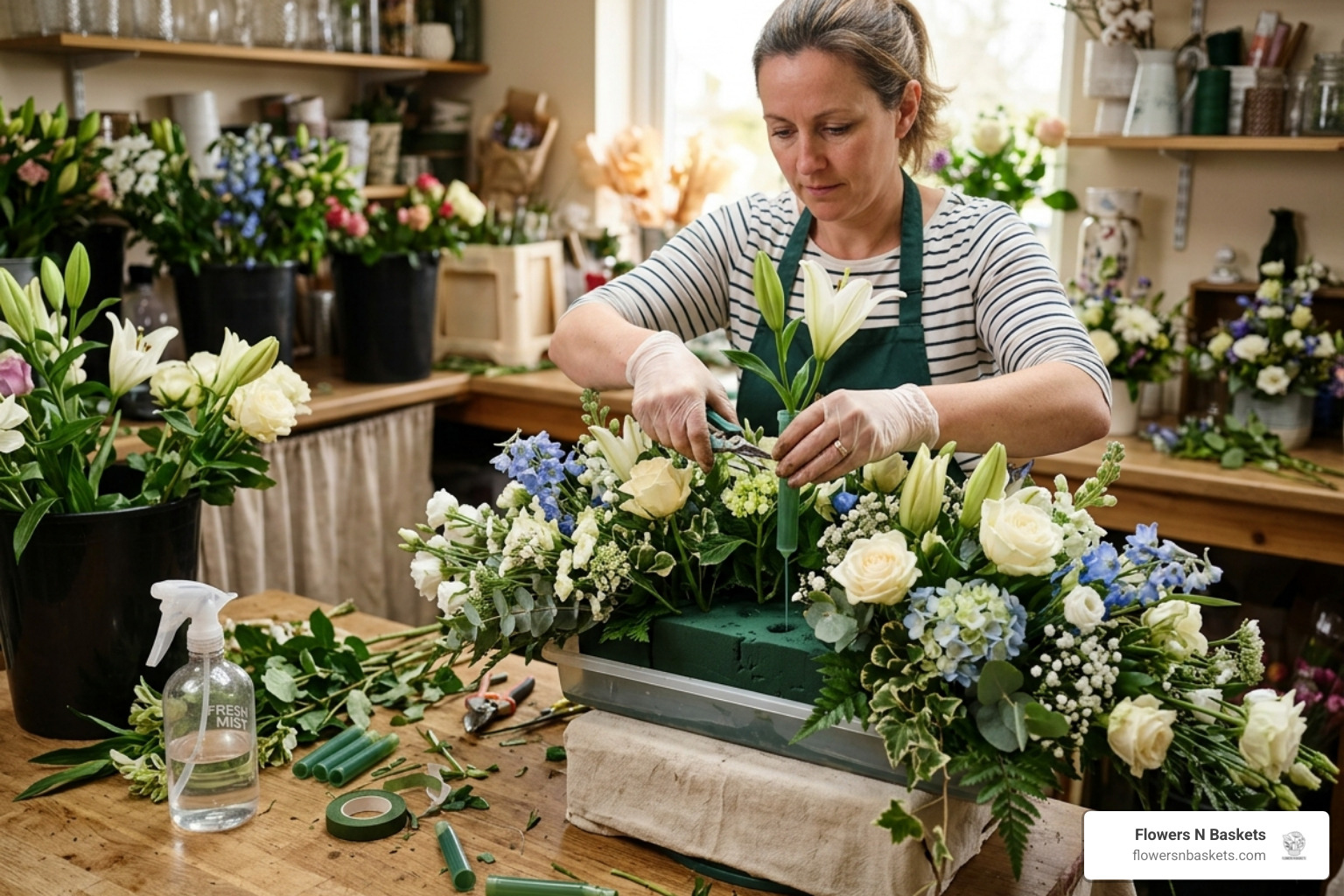 floral designer preparing a casket spray with hydration techniques - tampa funeral floral consultation