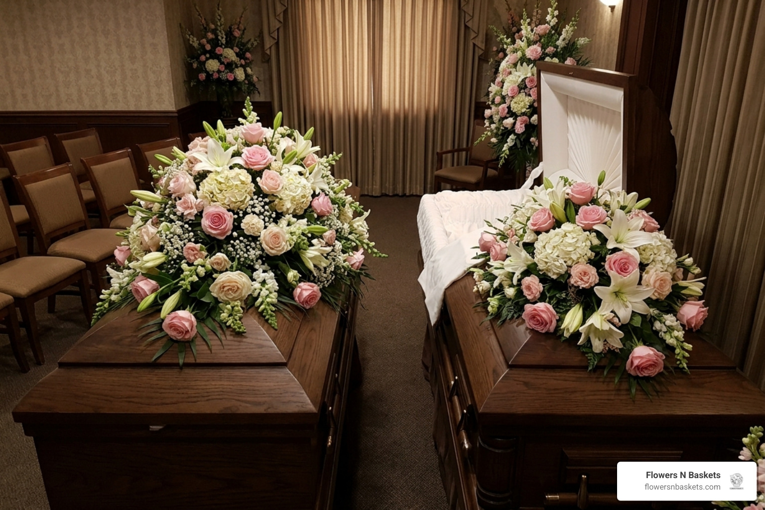 Comparison of full couch and half couch casket spray arrangements for a funeral service - casket sprays for a woman Comparison of full couch and half couch casket spray arrangements for a funeral service - casket sprays for a woman