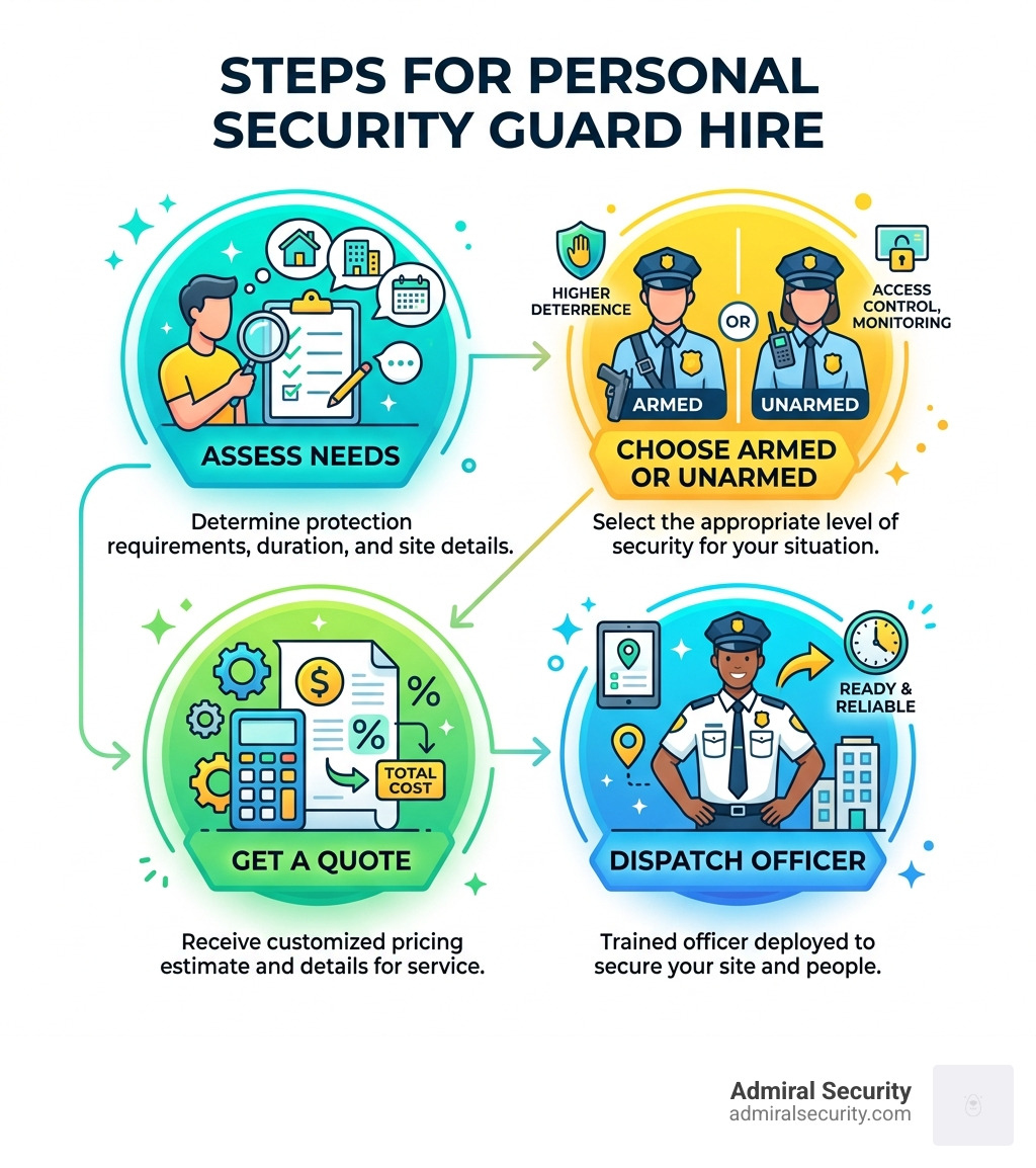 Steps for personal security guard hire: assess needs, choose armed or unarmed, get a quote, dispatch officer - personal Steps for personal security guard hire: assess needs, choose armed or unarmed, get a quote, dispatch officer - personal