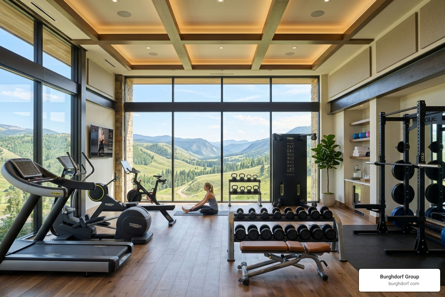fitness room homes Sherman Oaks luxury home gym valley views - Fitness room homes Sherman Oaks