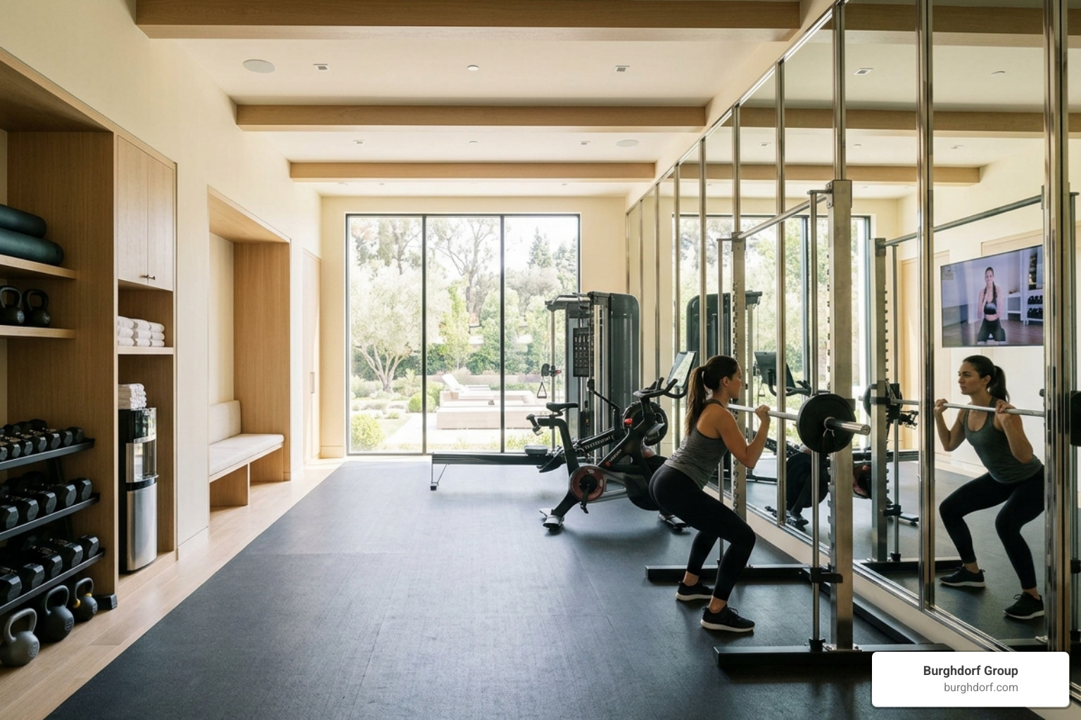High-end mirrored fitness suite in a Sherman Oaks luxury home with rubber flooring and white oak accents - Fitness room