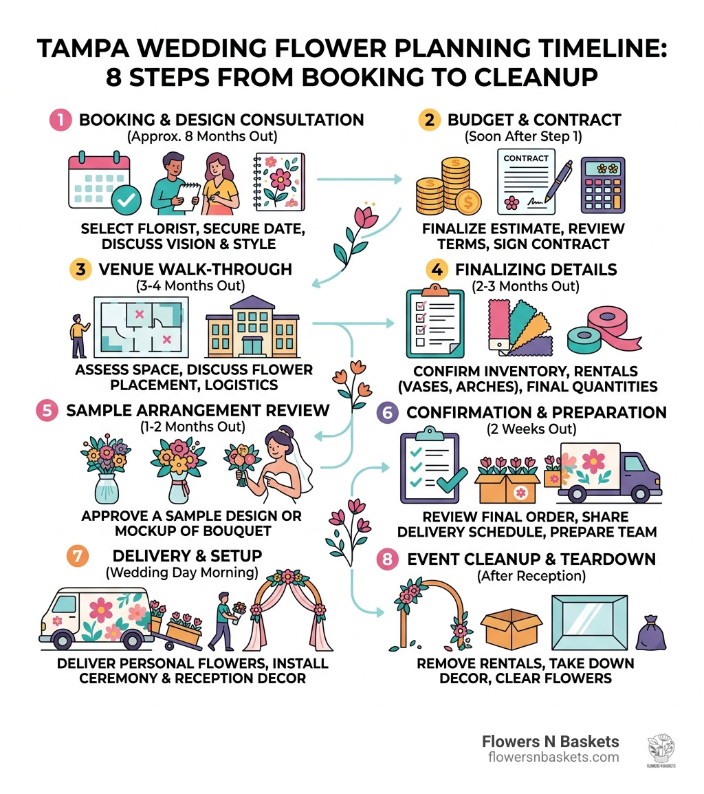 Infographic: 8-step wedding flower planning timeline from booking to cleanup for Tampa weddings - wedding flowers tampa fl
