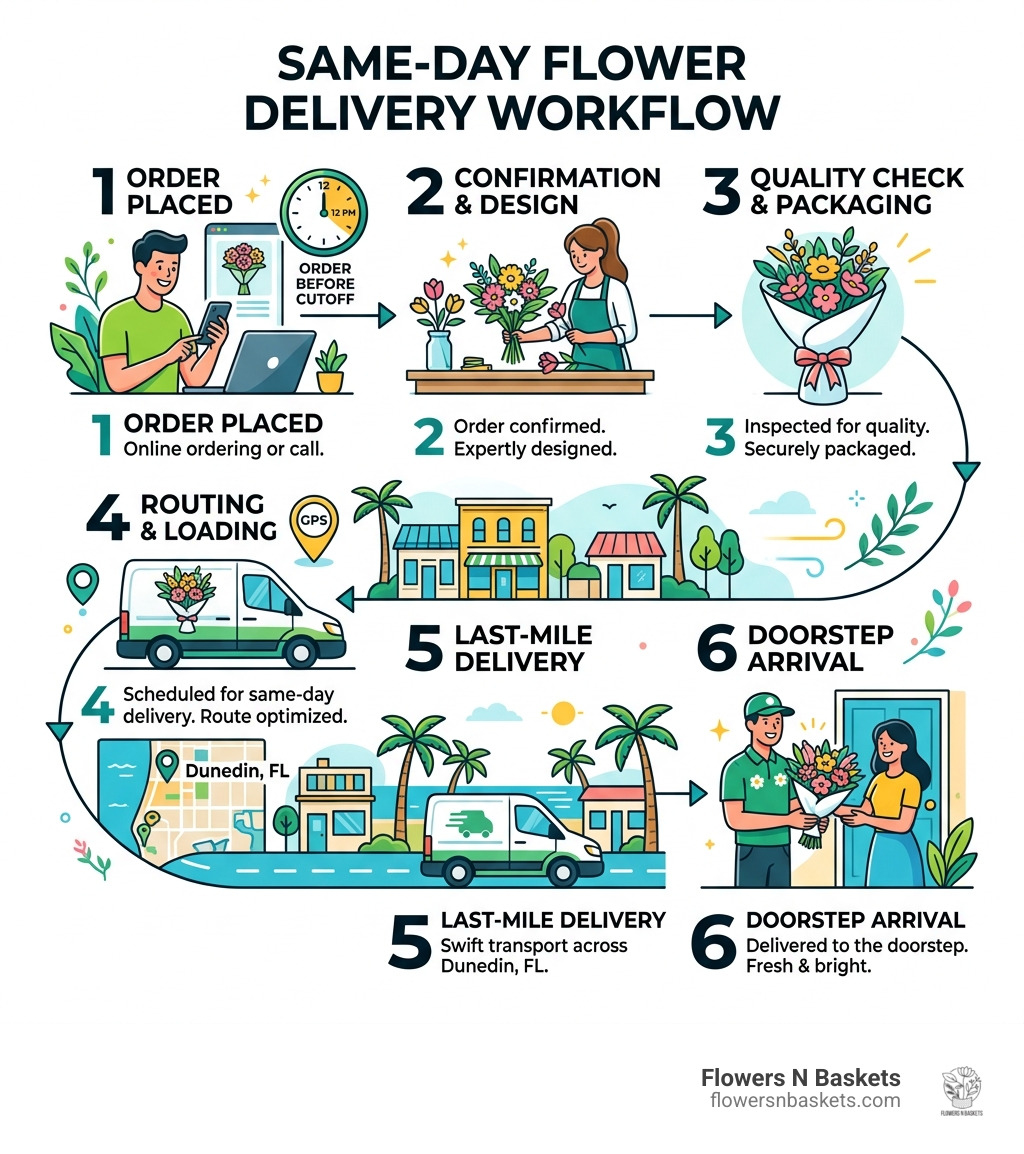 Same-day flower delivery workflow from order to doorstep in Dunedin FL - dunedin flowers same day delivery infographic Same-day flower delivery workflow from order to doorstep in Dunedin FL - dunedin flowers same day delivery infographic
