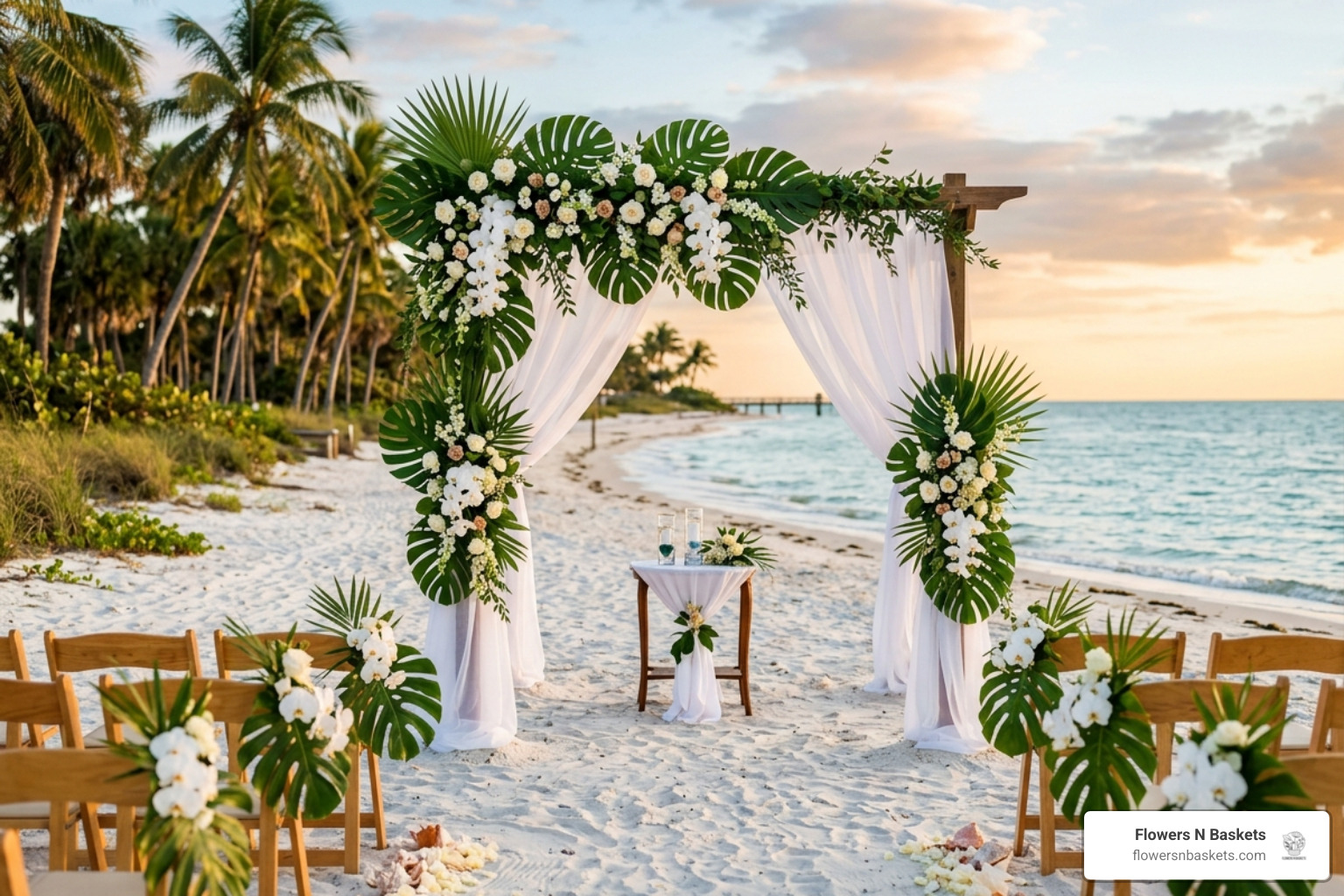 Tropical wedding altar in Tampa with lush monstera leaves and white orchids - wedding flowers tampa fl