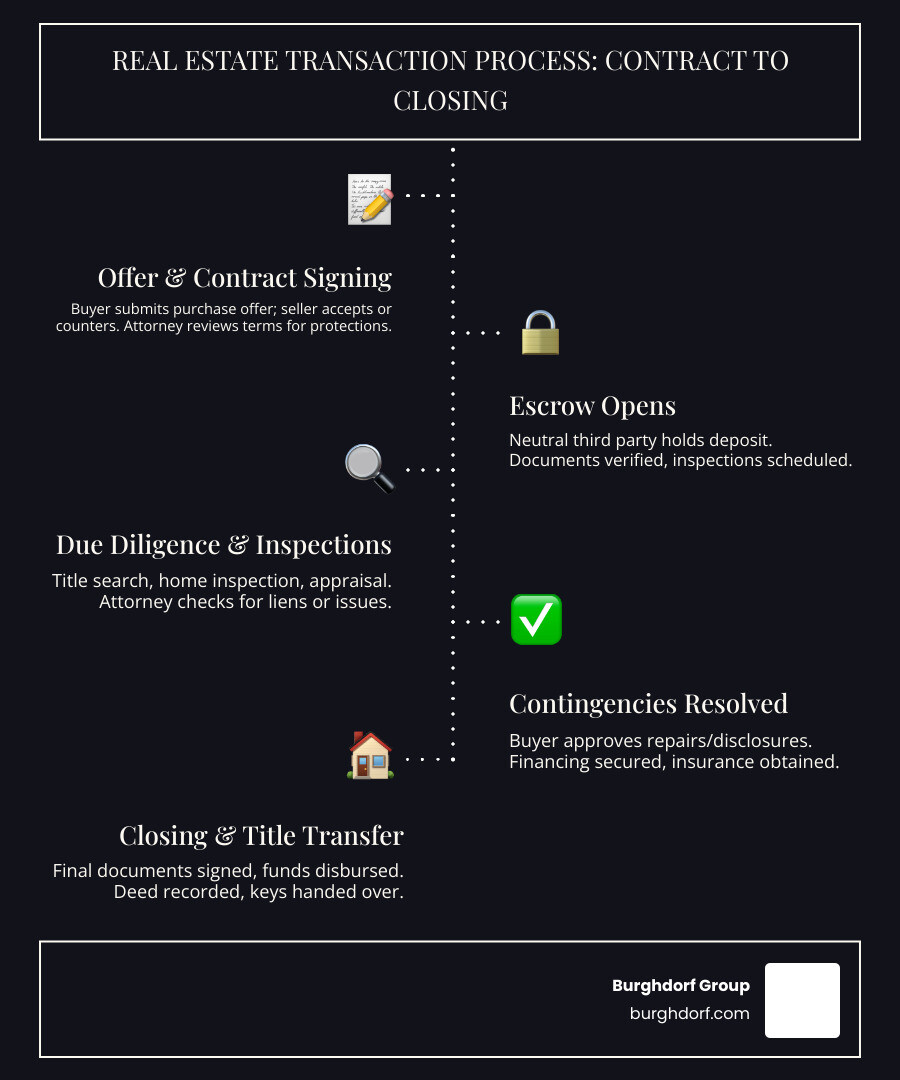 Real estate transaction process steps from contract to closing in Encino, CA - encino real estate attorney infographic