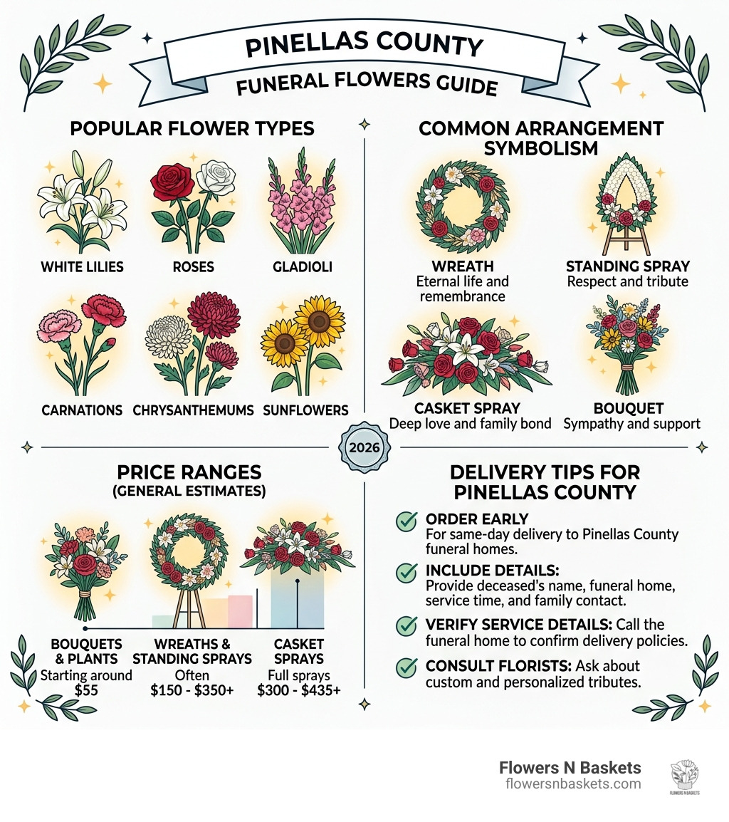 Infographic showing funeral flower types, price ranges, symbolism, and delivery tips for Pinellas County - pinellas county Infographic showing funeral flower types, price ranges, symbolism, and delivery tips for Pinellas County - pinellas county