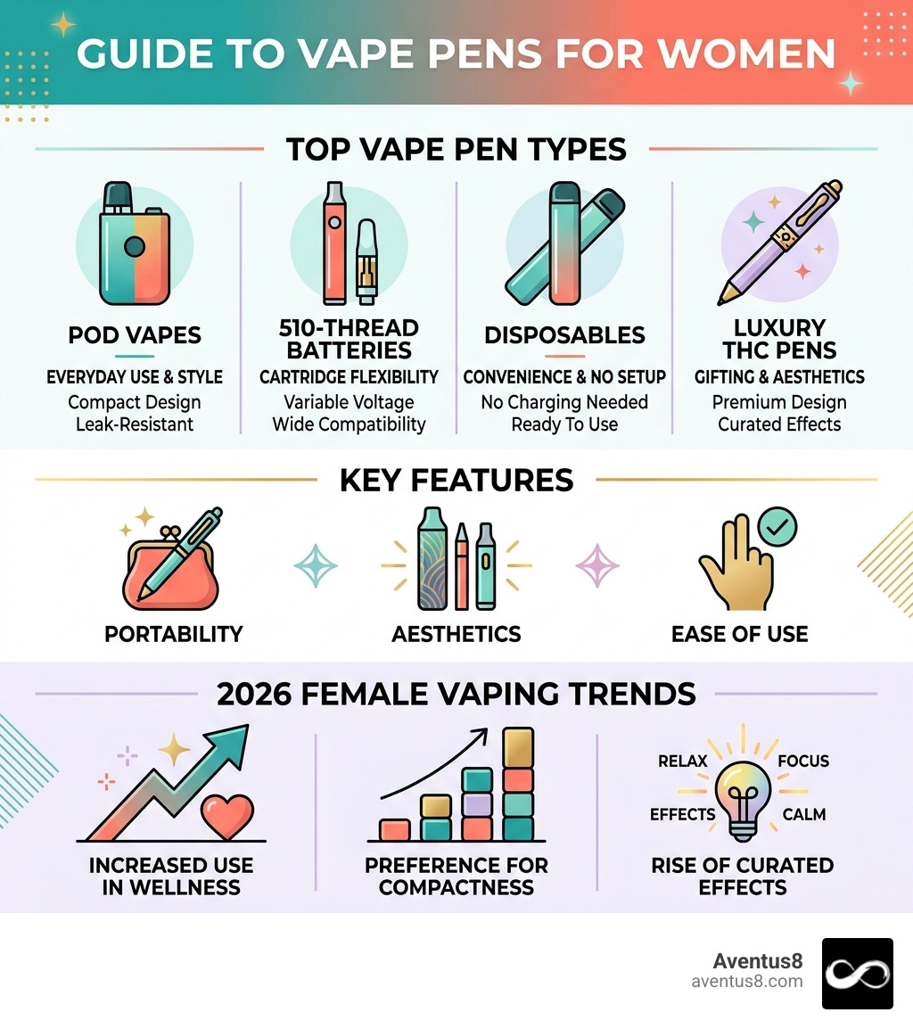 Infographic showing top vape pen types for women, key features like portability and aesthetics, and 2026 female vaping