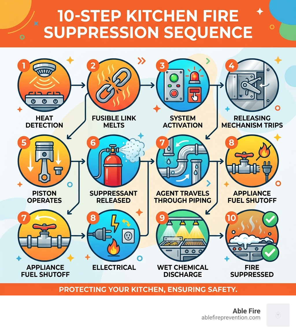 10-step kitchen fire suppression sequence from heat detection to fuel shutoff and wet chemical discharge - kitchen fire