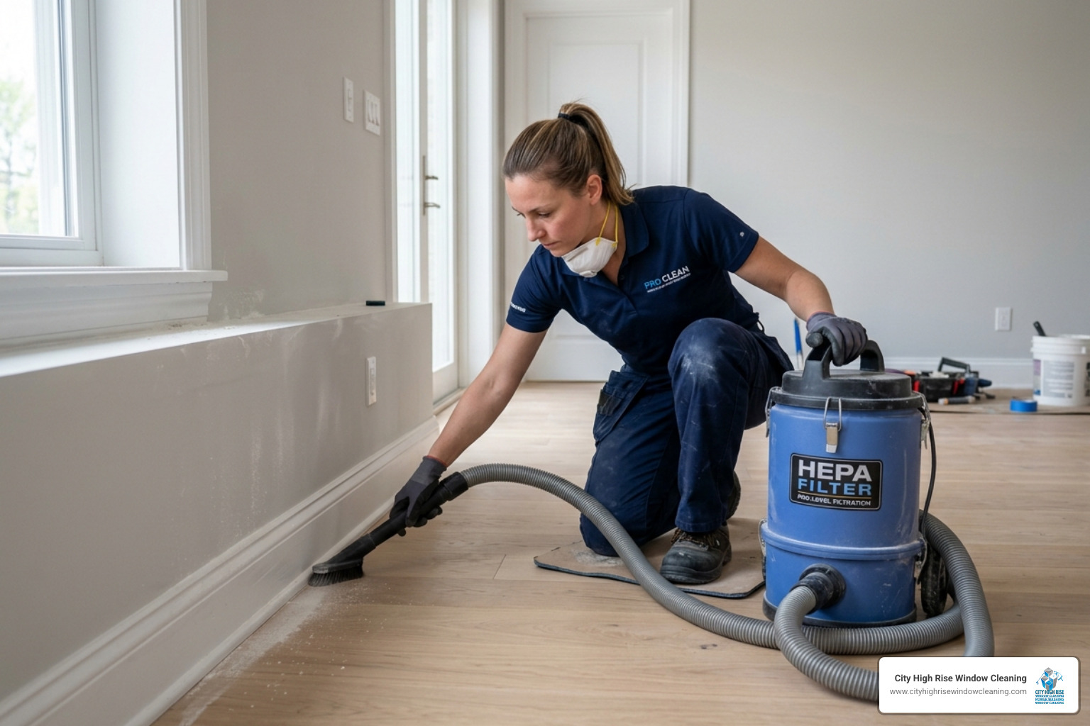 Professional cleaner using a HEPA-filter vacuum on baseboards to remove fine construction dust - final cleaning construction Professional cleaner using a HEPA-filter vacuum on baseboards to remove fine construction dust - final cleaning construction