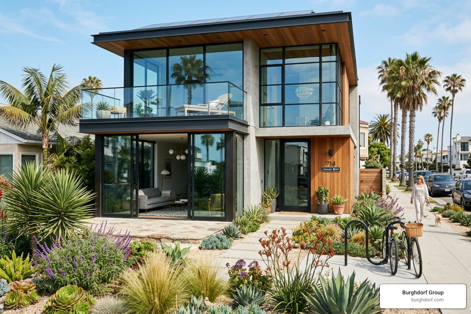 Modern Venice architectural home with floor-to-ceiling glass and drought-tolerant landscaping - venice ca market trends