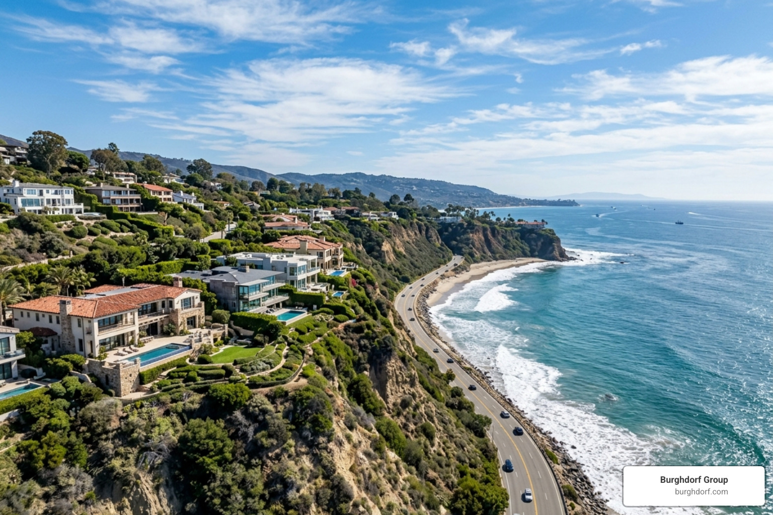 The stunning Pacific Palisades coastline with luxury estates perched on the bluffs - luxury real estate los angeles