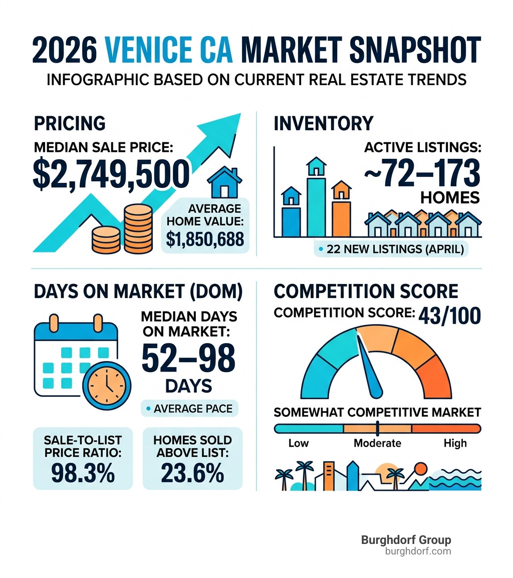 2026 Venice CA market snapshot infographic with pricing, inventory, days on market, and competition score - venice ca market