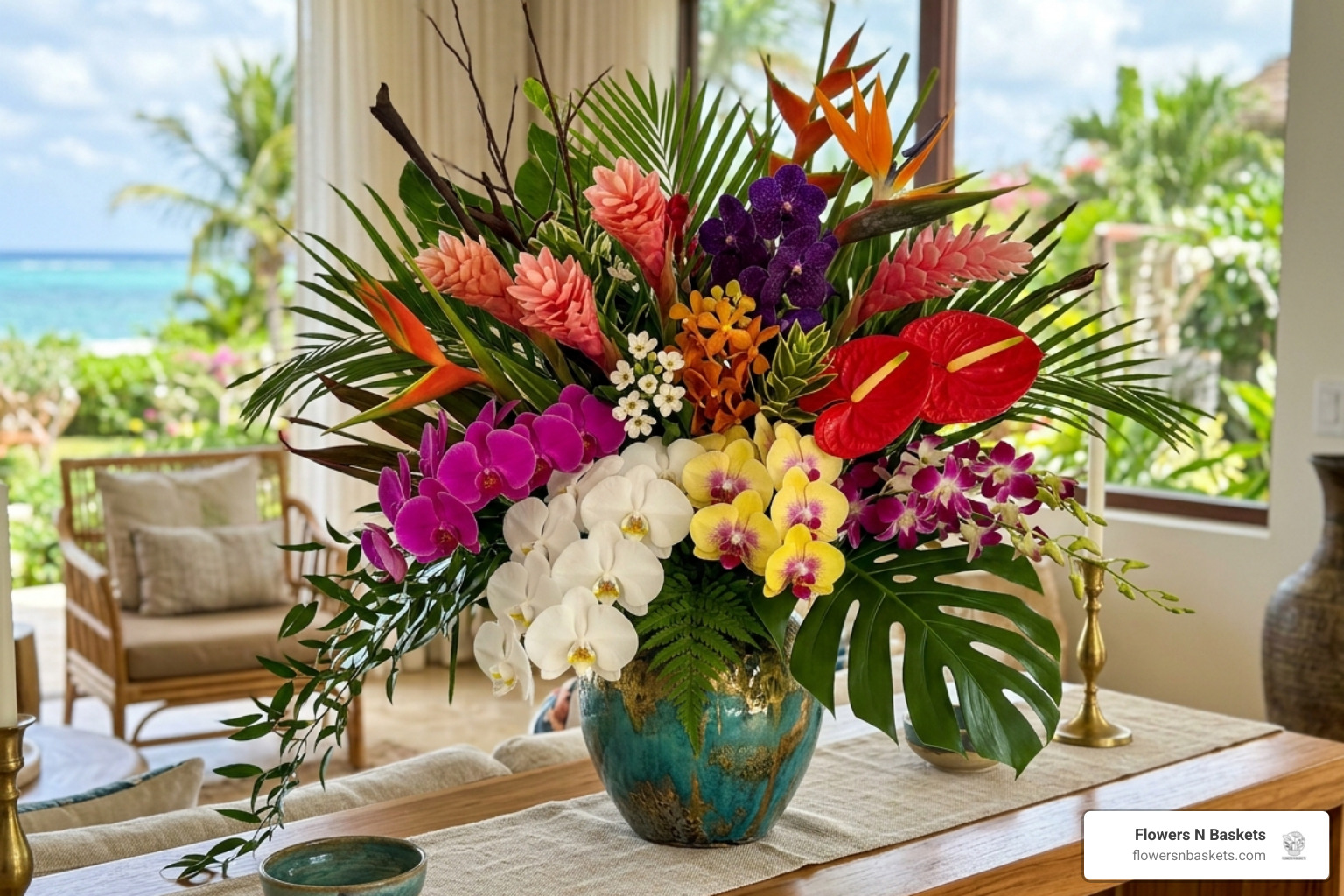 A luxury tropical floral arrangement featuring orchids and architectural greenery - floral arrangements tampa bay