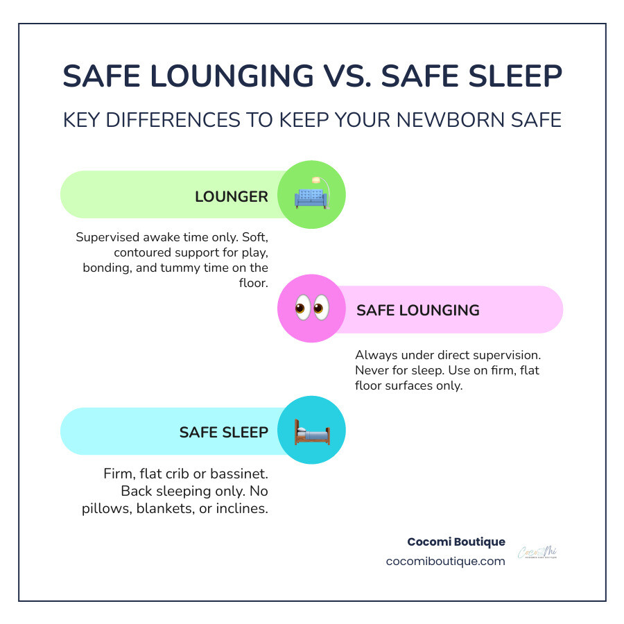 Infographic comparing safe lounging vs. safe sleep for newborns - newborn lounger infographic infographic-line-3-steps-colors