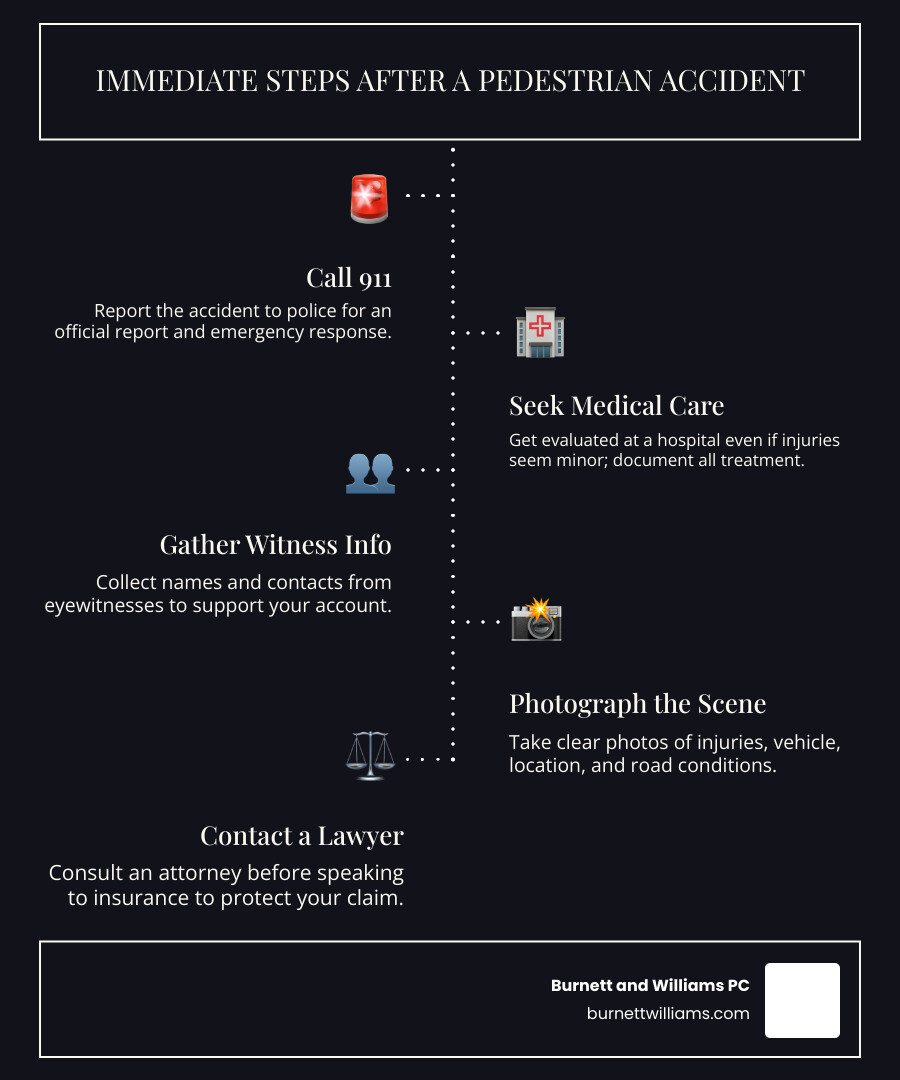 Immediate steps to take after a Richmond pedestrian accident: call 911, seek medical care, gather witness info, photograph Immediate steps to take after a Richmond pedestrian accident: call 911, seek medical care, gather witness info, photograph