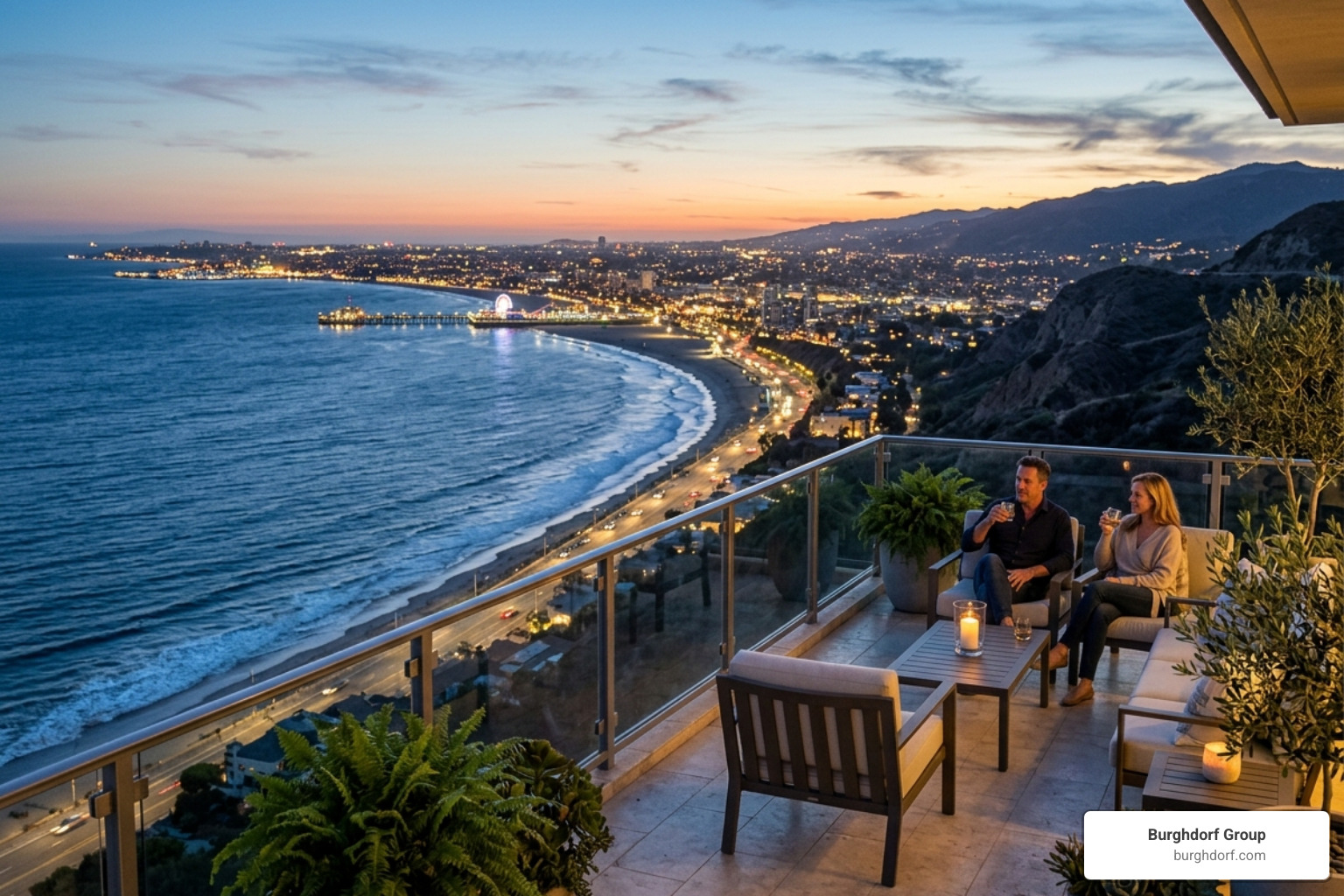 Panoramic view from a Marquez Knolls balcony showing the Queen's Necklace coastline at dusk with city lights beginning to