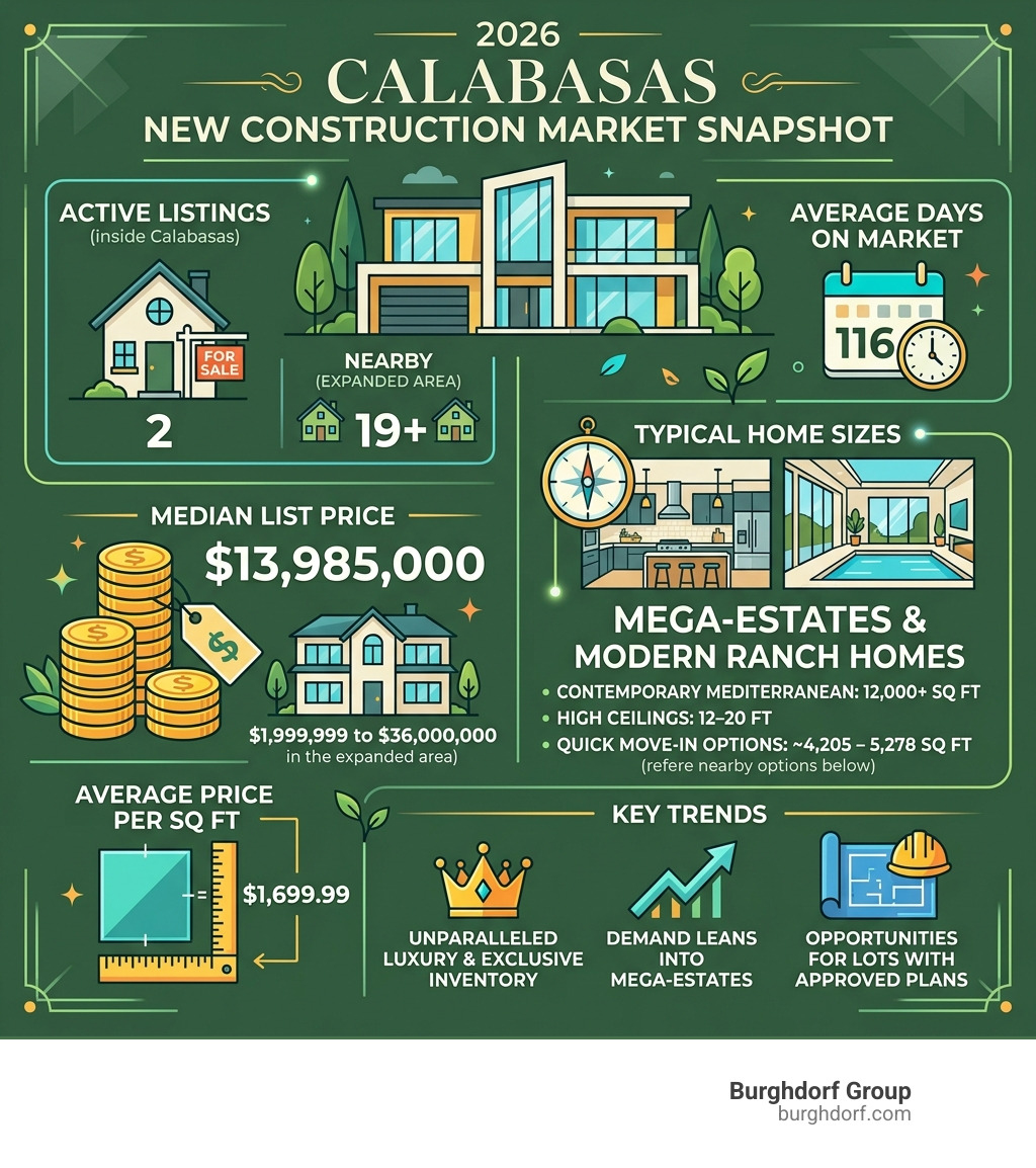 2026 Calabasas new construction market snapshot infographic with prices, sq footage, and key stats - calabasas new