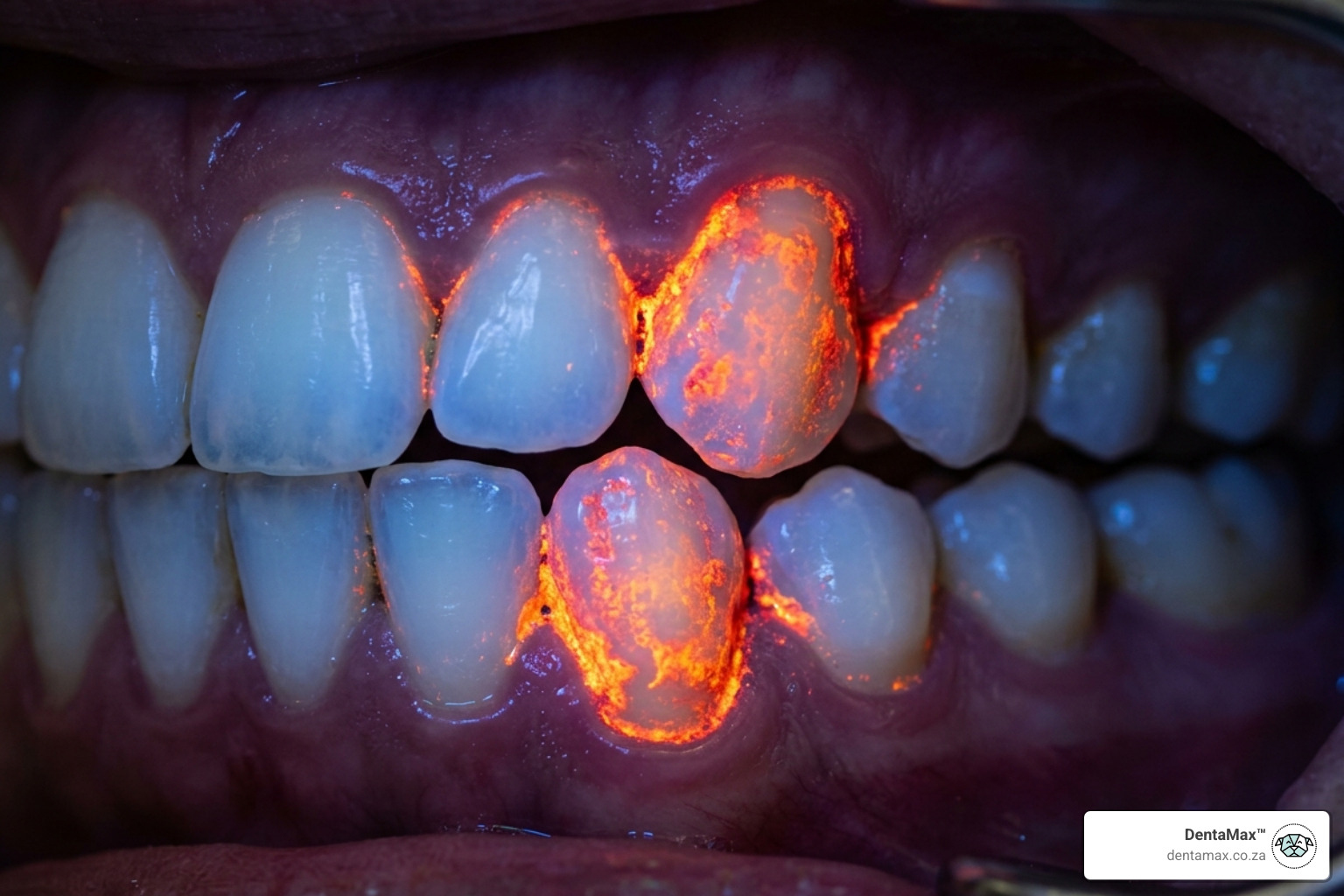 Dental plaque visualized under UV light to show biofilm coverage on canine teeth - Ascophyllum nodosum dog studies