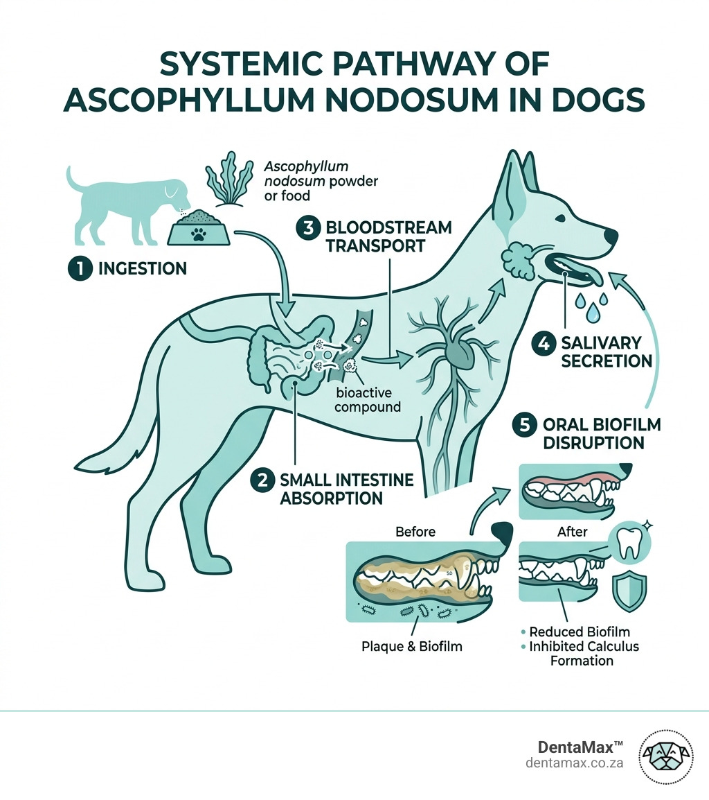 Infographic showing systemic pathway of Ascophyllum nodosum from ingestion through small intestine absorption to salivary