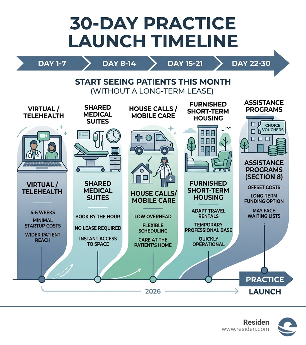 30-day practice launch timeline showing 5 methods from telehealth to shared suites to mobile care - How to Start Seeing 30-day practice launch timeline showing 5 methods from telehealth to shared suites to mobile care - How to Start Seeing