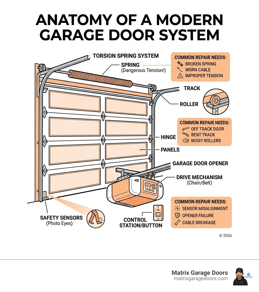Infographic showing anatomy of a modern garage door system with labeled components and common repair needs - Garage Door Infographic showing anatomy of a modern garage door system with labeled components and common repair needs - Garage Door