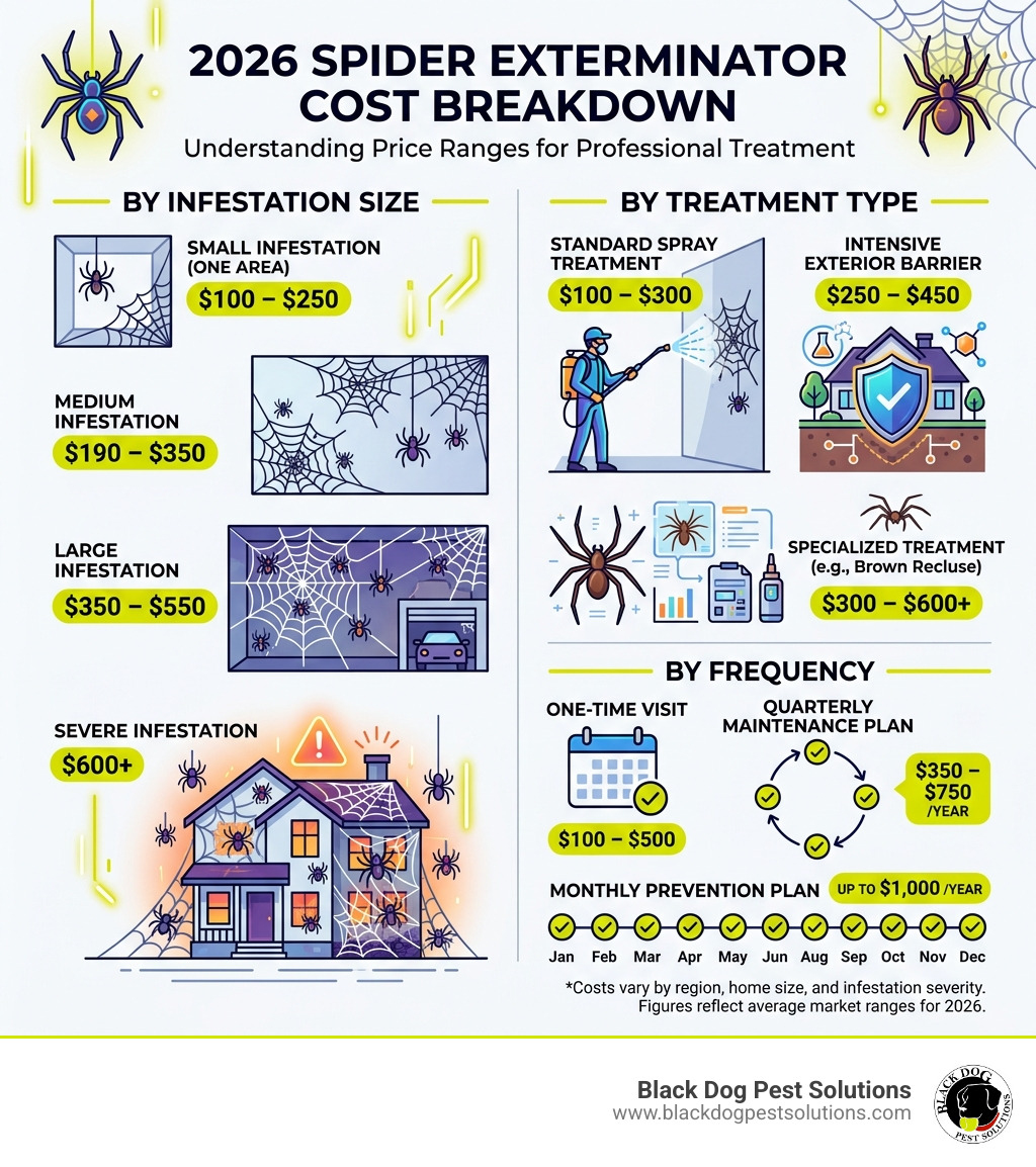 Spider exterminator cost breakdown infographic showing price ranges by infestation size, treatment type, and frequency Spider exterminator cost breakdown infographic showing price ranges by infestation size, treatment type, and frequency