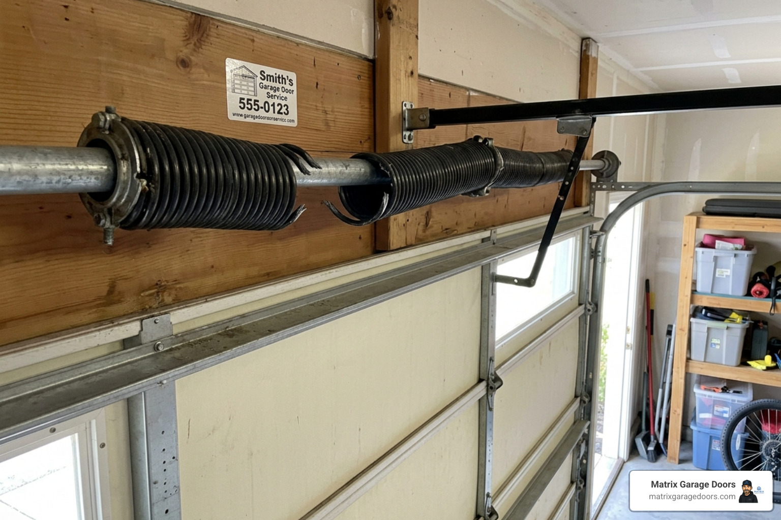 Professional photo of a broken torsion spring with a visible gap between the coils - Garage Door Repair Pickerington Professional photo of a broken torsion spring with a visible gap between the coils - Garage Door Repair Pickerington