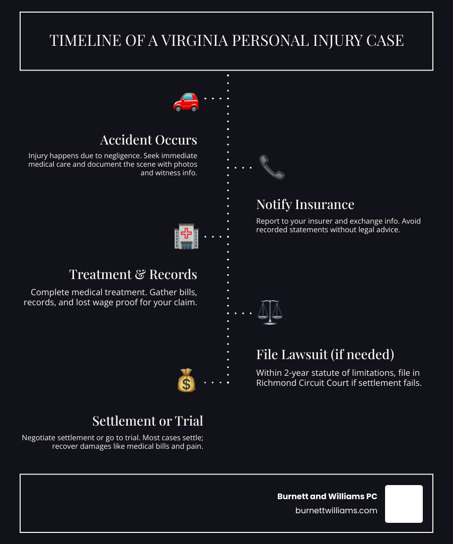 Timeline infographic of a Virginia personal injury case from accident to compensation - Richmond personal injury law Timeline infographic of a Virginia personal injury case from accident to compensation - Richmond personal injury law