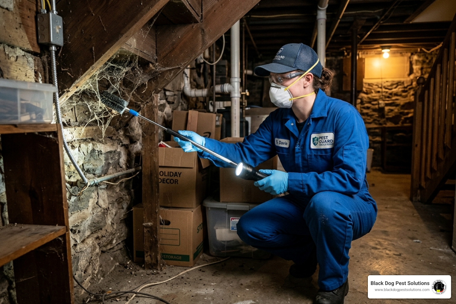 A pest control technician wearing protective gear inspecting a dark basement corner for spider webs - spider exterminator A pest control technician wearing protective gear inspecting a dark basement corner for spider webs - spider exterminator