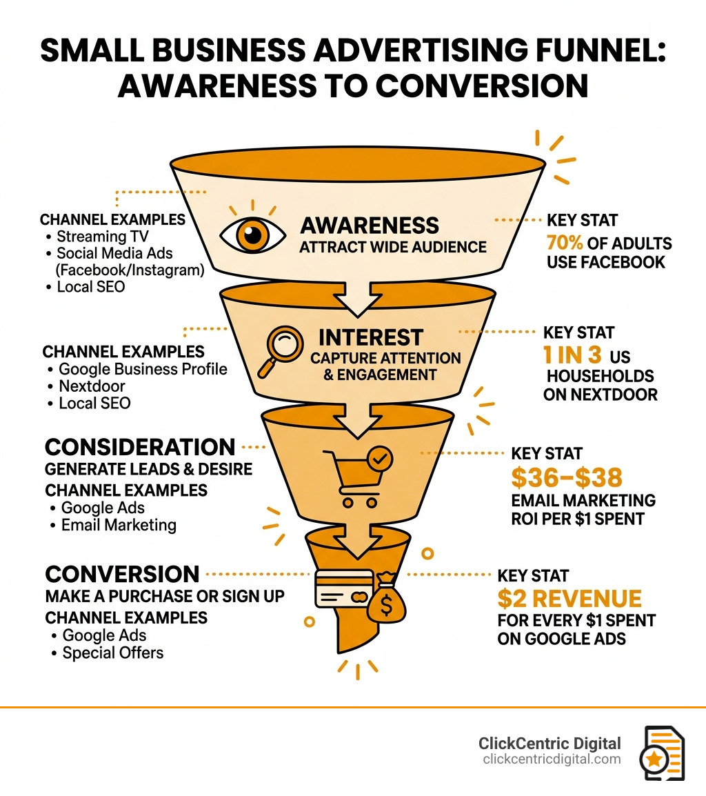 Small business advertising funnel from awareness to conversion with channel examples and key stats - small business