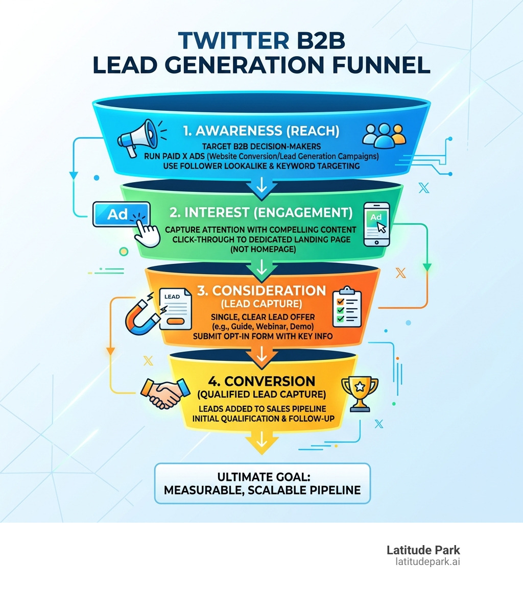 Twitter B2B lead generation funnel from awareness to qualified lead capture - Twitter ads lead generation infographic 