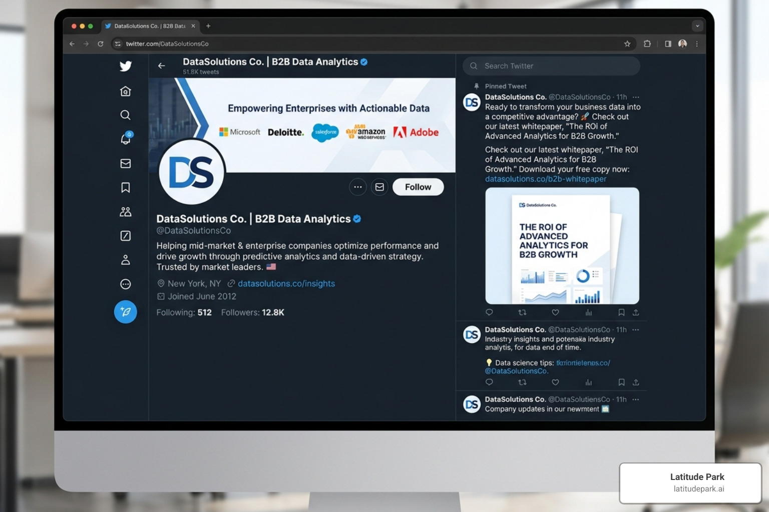 An optimized B2B profile layout showing a clear bio and pinned lead magnet - Twitter ads lead generation