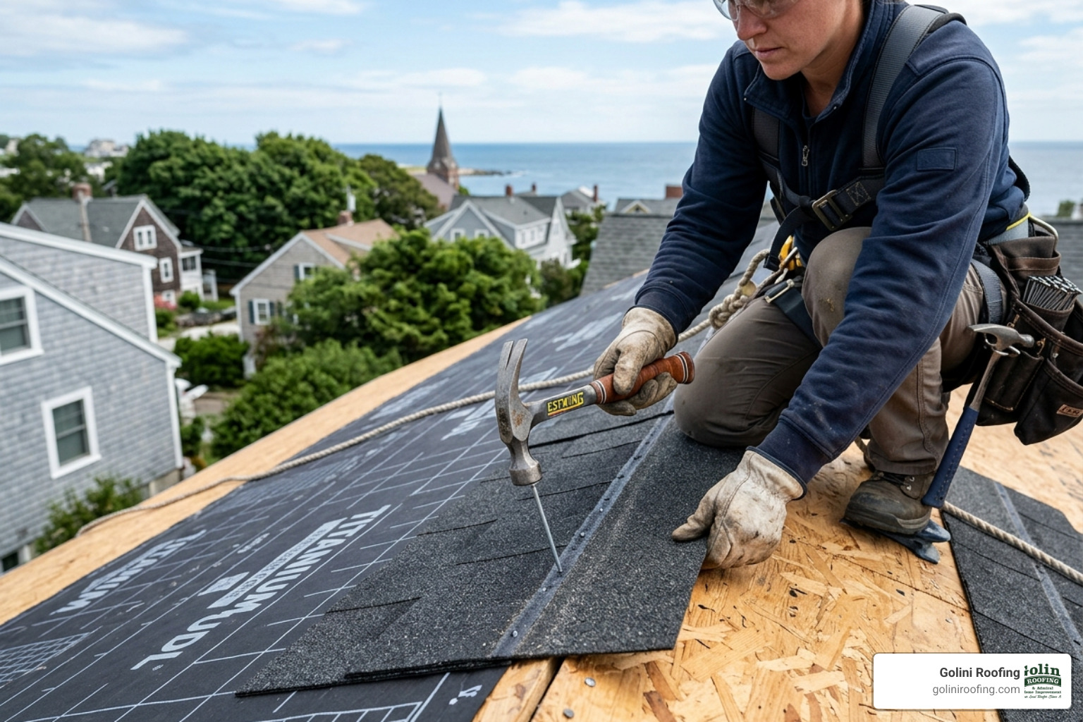 A roofer meticulously hand-nailing shingles onto a residential roof deck - precision roofing services gloucester ma A roofer meticulously hand-nailing shingles onto a residential roof deck - precision roofing services gloucester ma