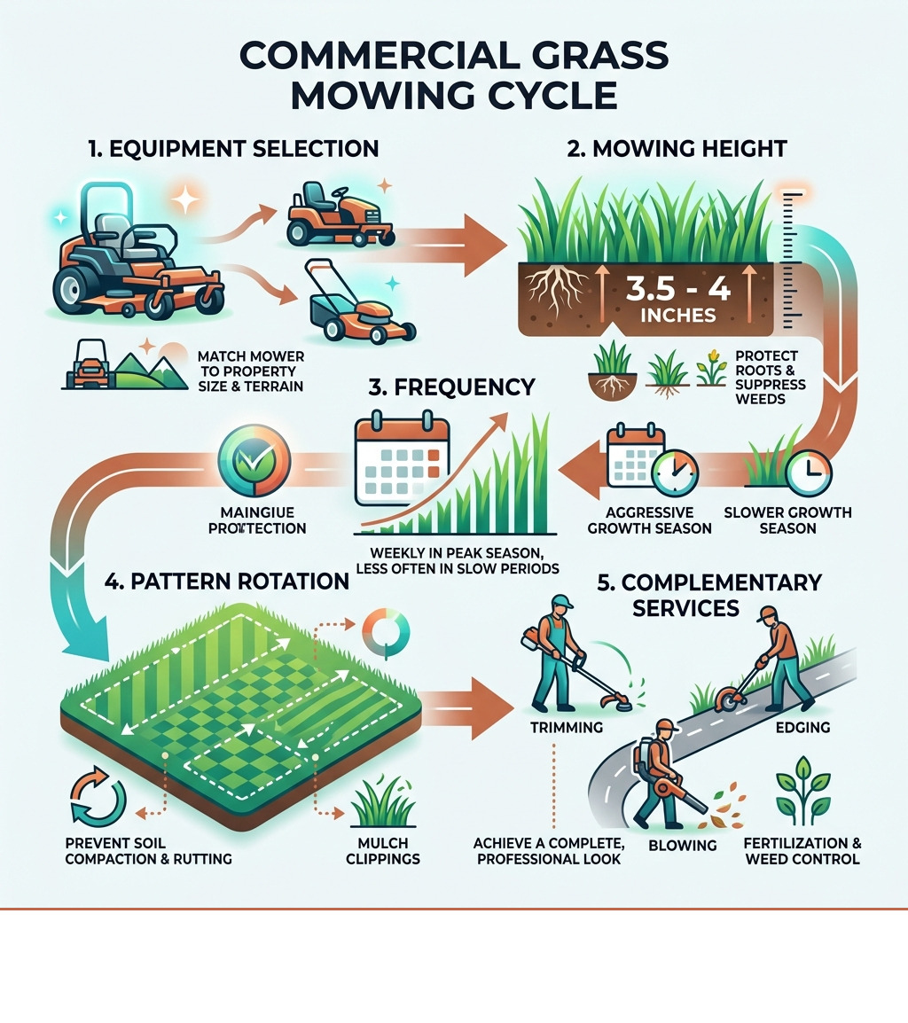 Commercial grass mowing cycle infographic showing equipment selection, mowing height, frequency, pattern rotation, and
