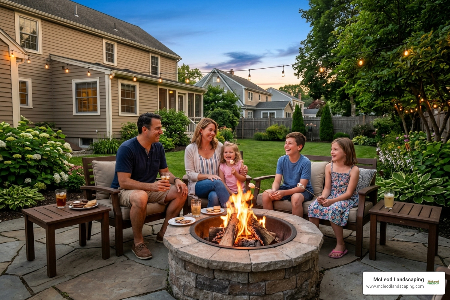 A local family enjoying a summer evening on a professionally installed stone patio in Lowell - Patio installation Lowell MA A local family enjoying a summer evening on a professionally installed stone patio in Lowell - Patio installation Lowell MA