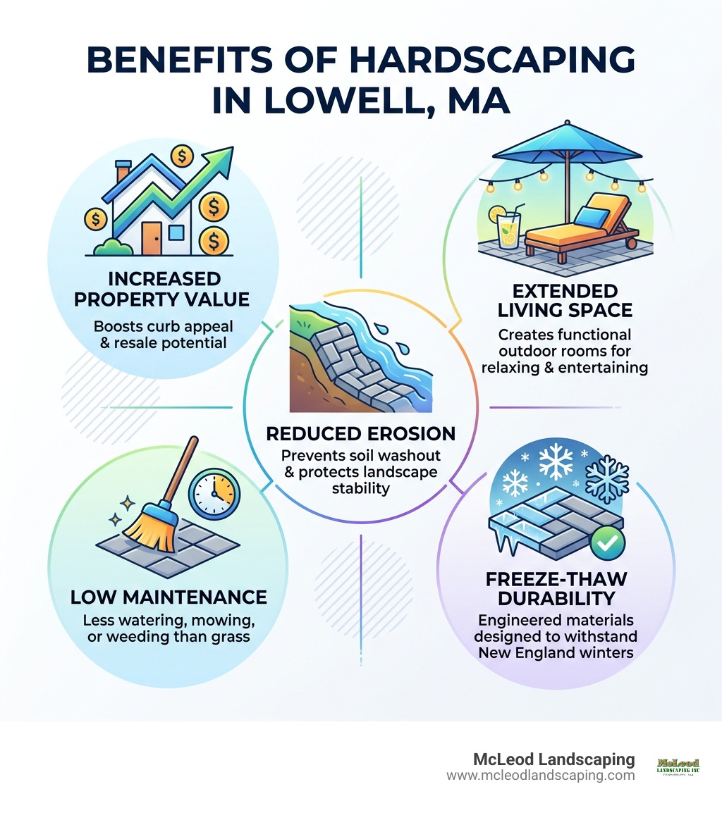 Benefits of hardscaping infographic: increased property value, extended living space, reduced erosion, low maintenance Benefits of hardscaping infographic: increased property value, extended living space, reduced erosion, low maintenance