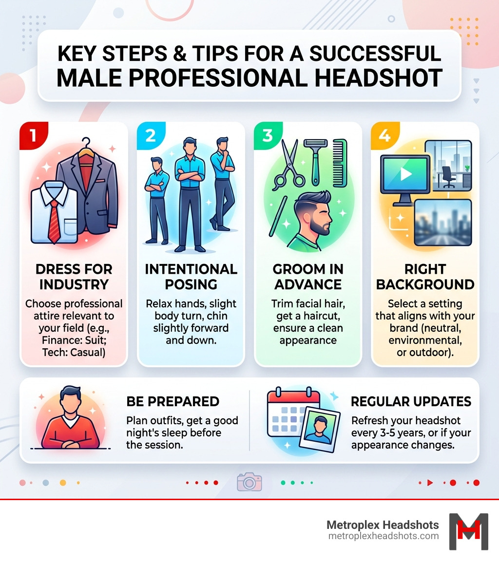 Key steps and tips for a successful male professional headshot session - male professional headshot infographic Key steps and tips for a successful male professional headshot session - male professional headshot infographic