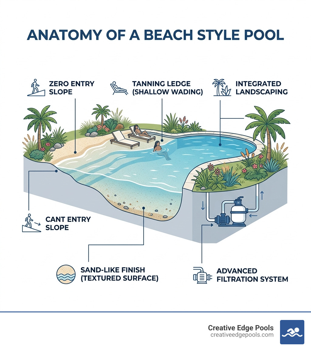 Anatomy of a beach style pool infographic showing zero entry slope, tanning ledge, sand finish, landscaping, and filtration