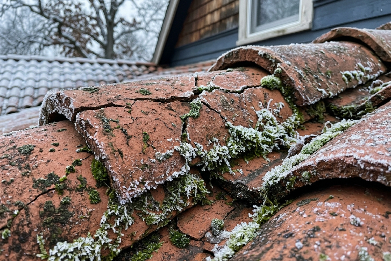 cracked clay roof tiles with ice crystals and moss growth - removal of moss from roof tiles cracked clay roof tiles with ice crystals and moss growth - removal of moss from roof tiles
