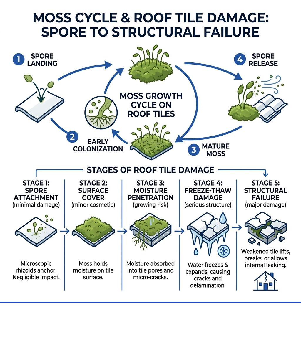 Infographic showing moss growth cycle on roof tiles and stages of tile damage from spore to structural failure - removal of Infographic showing moss growth cycle on roof tiles and stages of tile damage from spore to structural failure - removal of