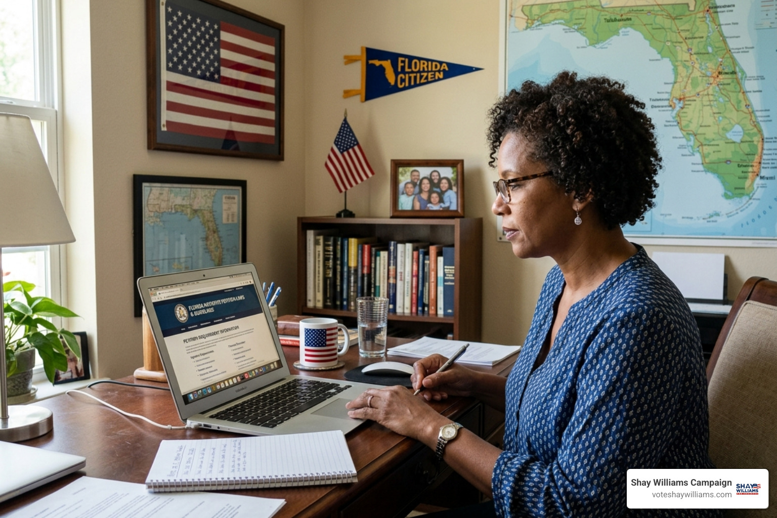 Voter researching Florida petition laws on a laptop in a home office - petition signing florida Voter researching Florida petition laws on a laptop in a home office - petition signing florida