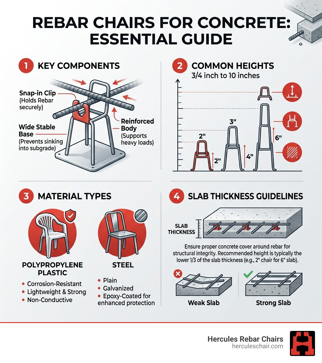 Infographic showing rebar chair components, common heights, material types, and slab thickness guidelines - rebar chairs for Infographic showing rebar chair components, common heights, material types, and slab thickness guidelines - rebar chairs for