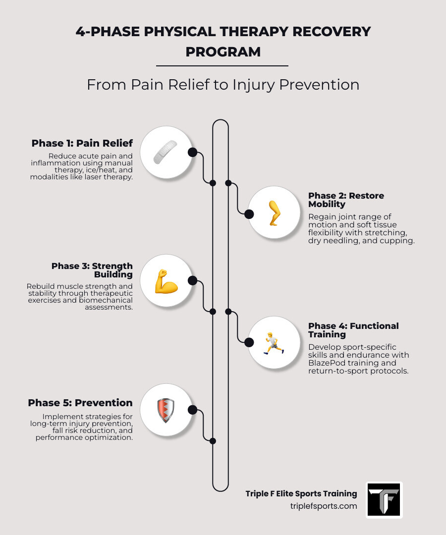 Infographic: 4-phase physical therapy recovery program from pain relief to injury prevention - Physical therapist Knoxville Infographic: 4-phase physical therapy recovery program from pain relief to injury prevention - Physical therapist Knoxville