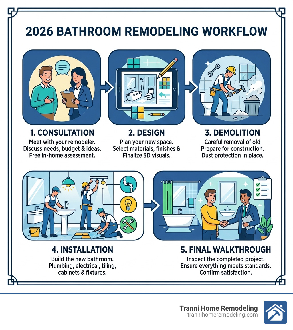 2026 bathroom remodeling workflow infographic showing consultation, design, demolition, installation, and final walkthrough