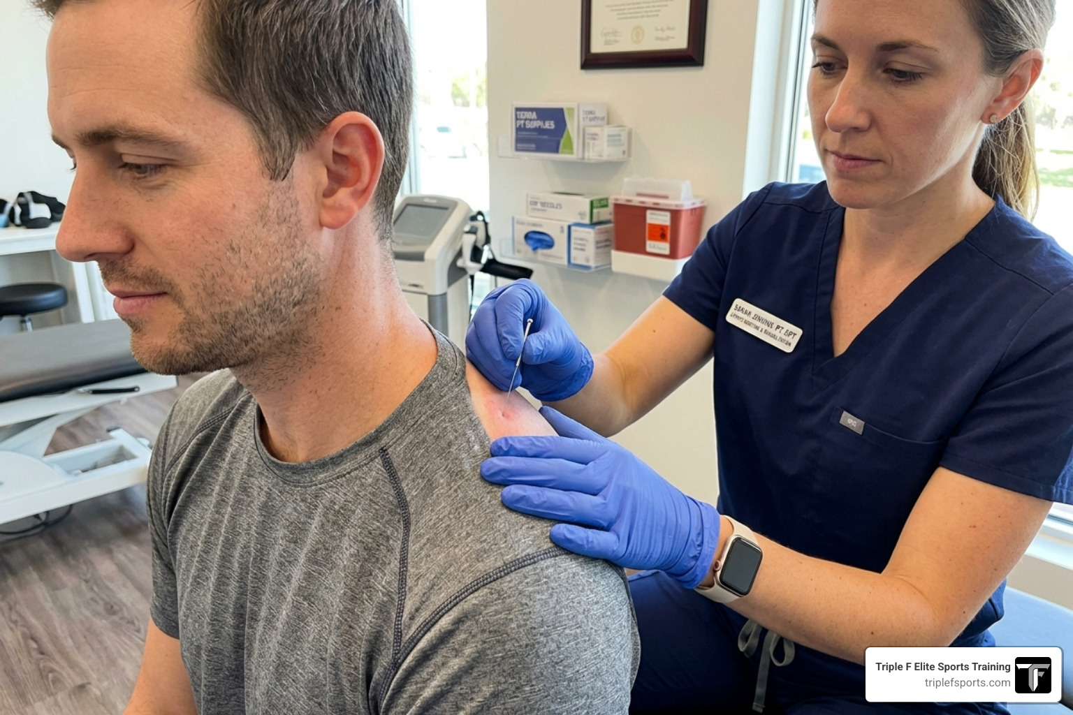 Therapist performing dry needling on a patient's shoulder - Physical therapist Knoxville TN Therapist performing dry needling on a patient's shoulder - Physical therapist Knoxville TN