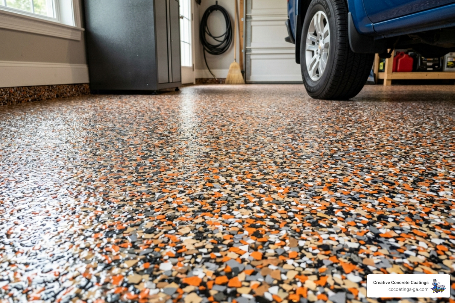 Texture of a full broadcast flake epoxy floor showing orange peel finish - flake epoxy floor garage Texture of a full broadcast flake epoxy floor showing orange peel finish - flake epoxy floor garage