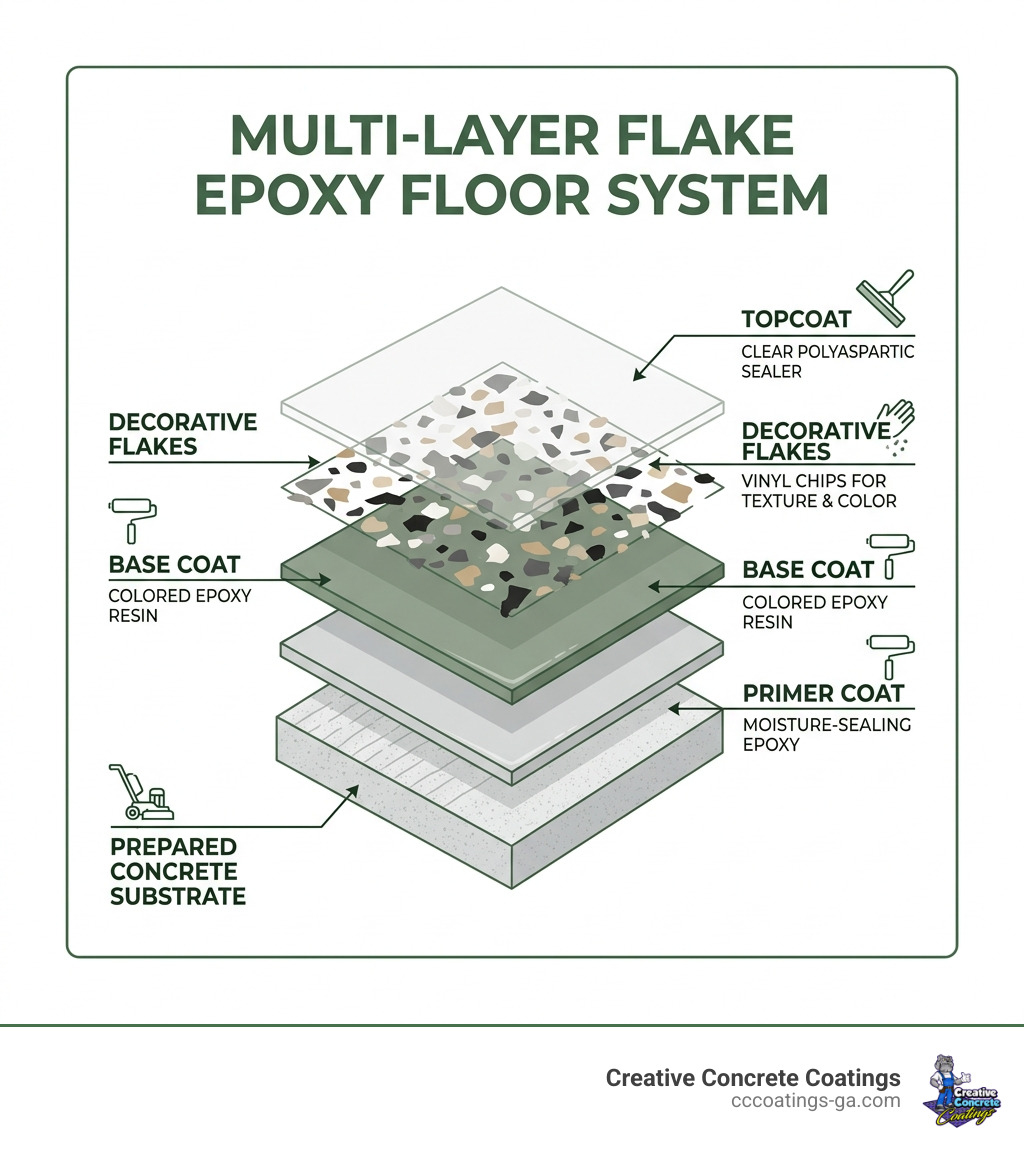 Multi-layer flake epoxy floor system diagram showing primer, base coat, flakes, and topcoat - flake epoxy floor garage Multi-layer flake epoxy floor system diagram showing primer, base coat, flakes, and topcoat - flake epoxy floor garage