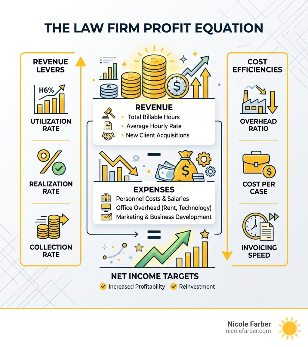 Law Firm Profit Equation infographic showing revenue, expenses, key metrics, and net income targets - law firm profitability